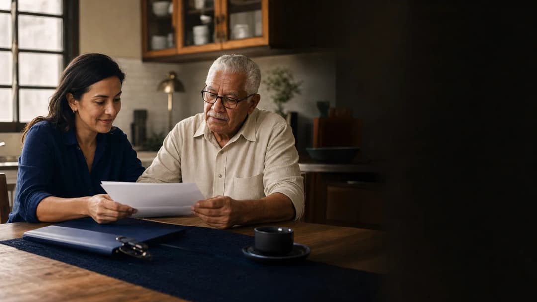Idoso brasileiro com familiar consultando documentos de assistência social