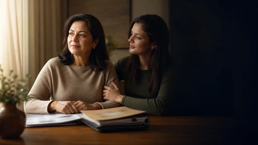 Mulher brasileira adulta consultando documentos familiares em ambiente acolhedor